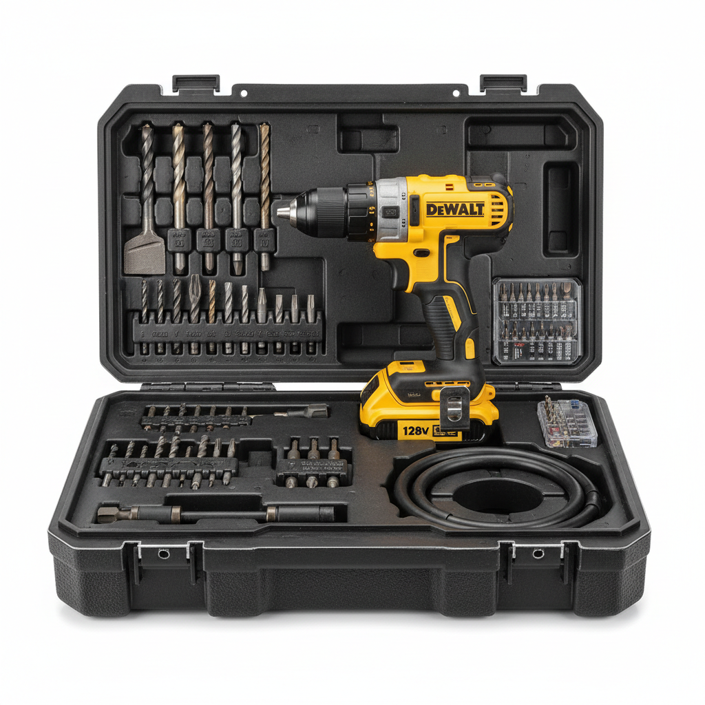 Kit completo DeWalt 128V con accesorios en maletín abierto
